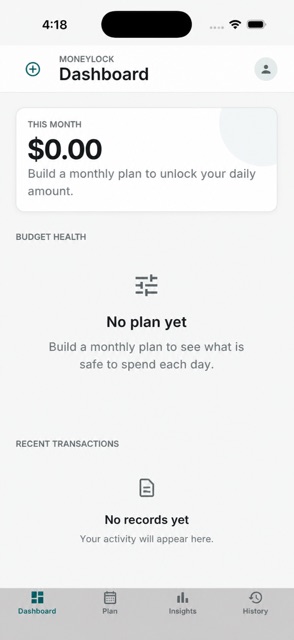 Moneylock dashboard with budget and activity empty states.