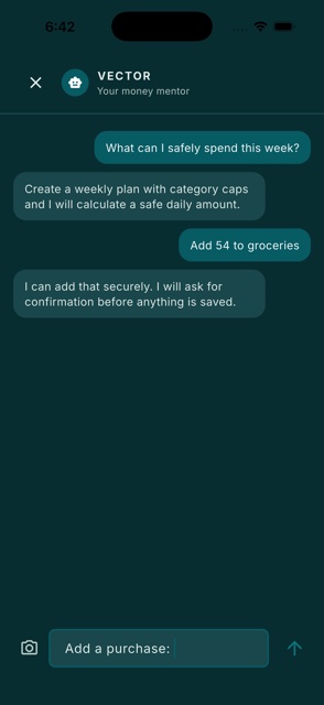 Vector responding to a safe spending question and preparing a grocery expense.
